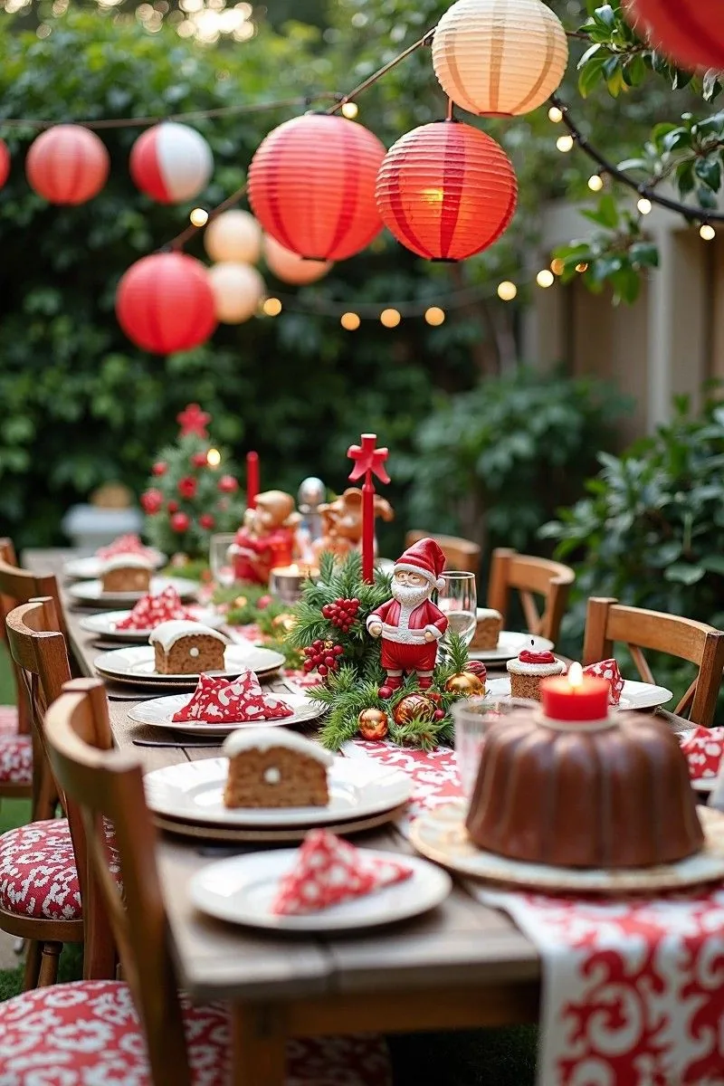 Christmas-coloured paper lanterns hanging above an outdoor dinner table