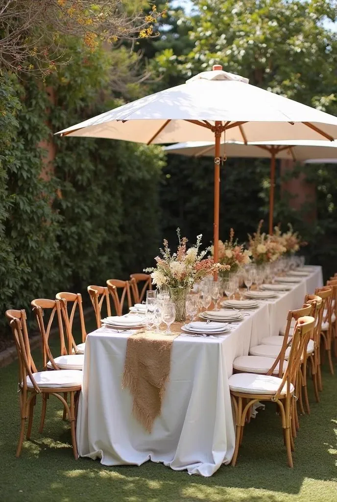 Long outdoor lunch table shaded by umbrellas